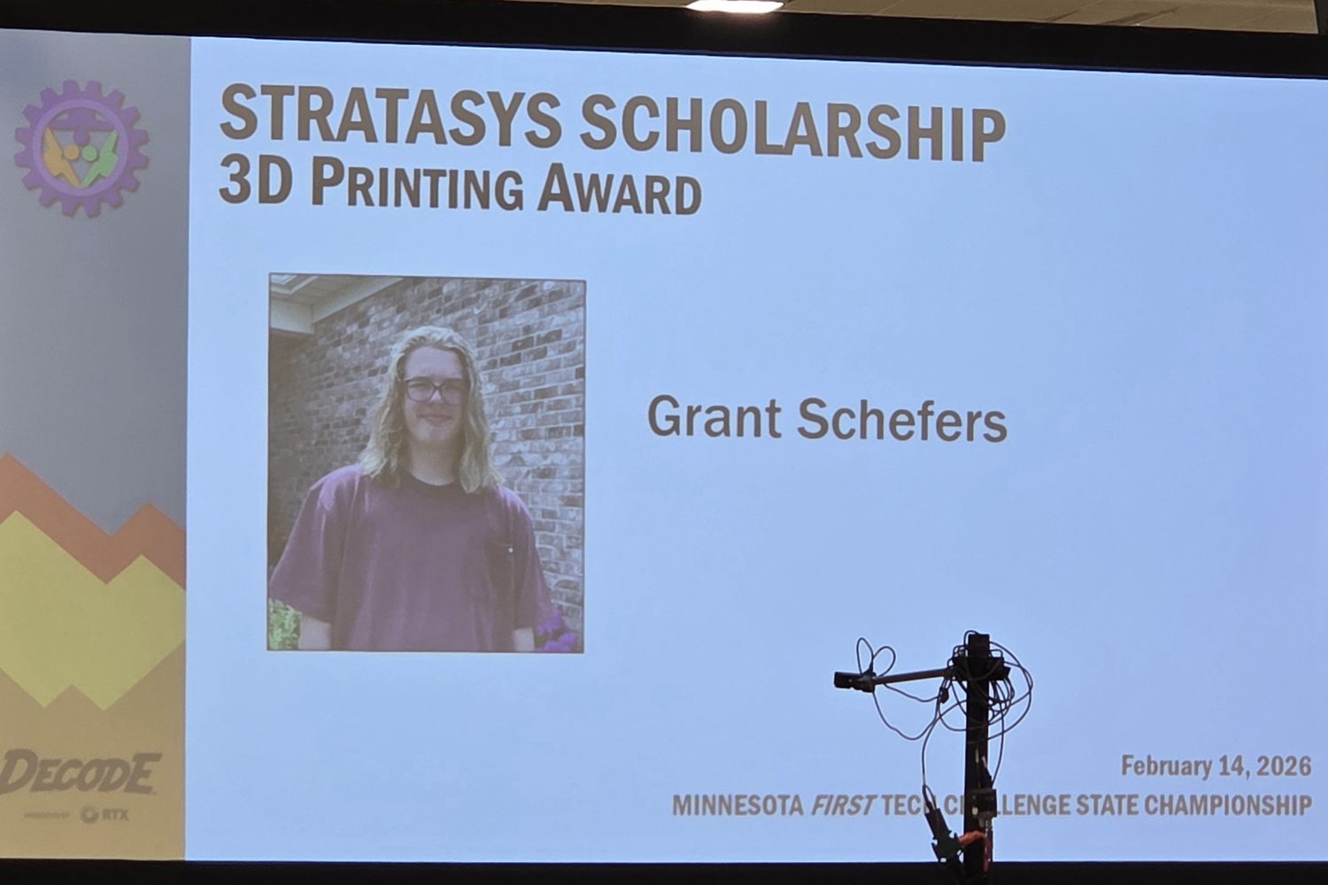 Stratasys 3D Printing Award slide for Grant Schefers